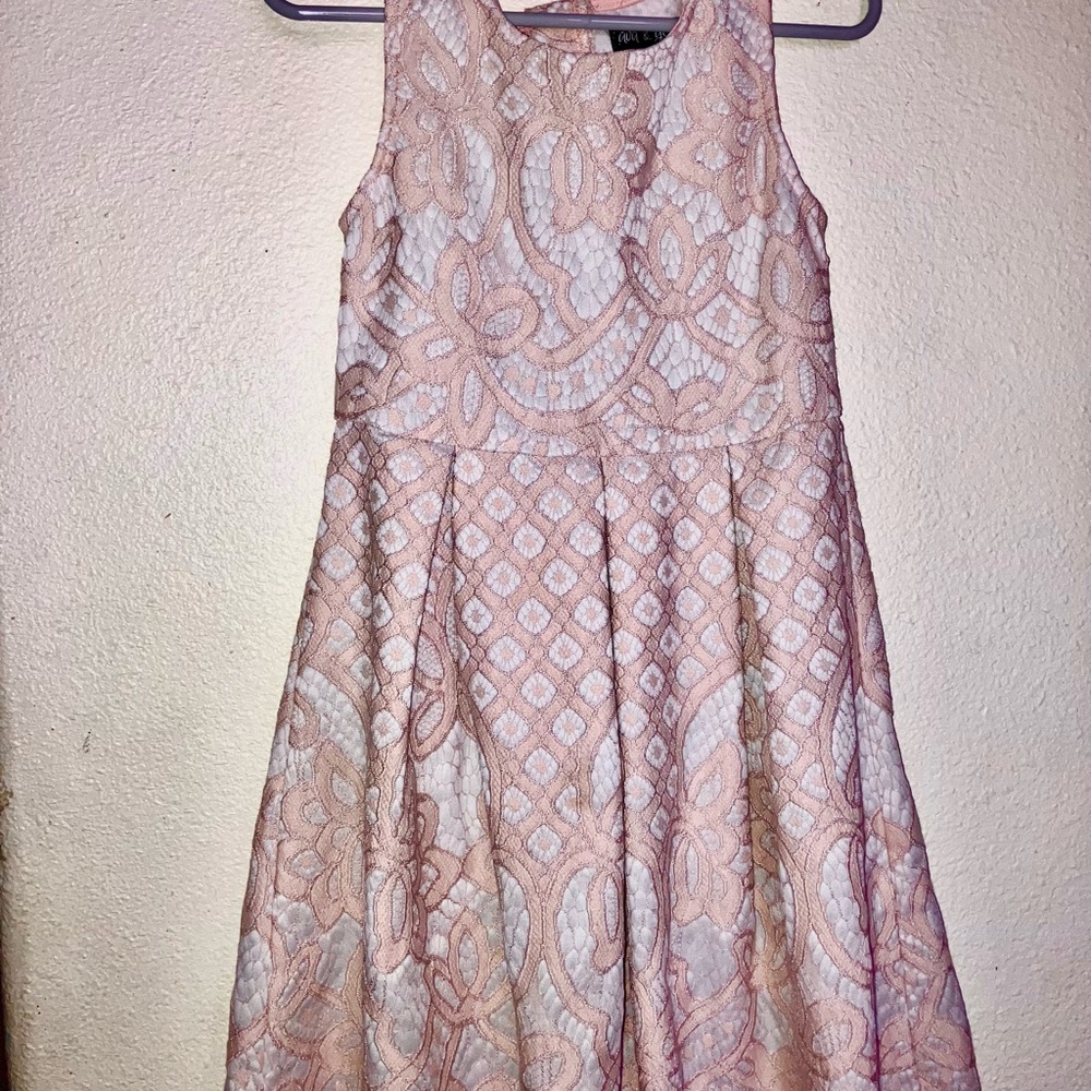 Pink Sleeveless bonded lace‎ skater dress